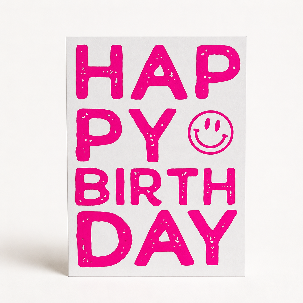 Handgedruckte Postkarte HAPPY BIRTHDAY mit Smiley in Neonpink, Siebdruck – DIE SIEBEREI
