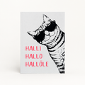 Handgedruckte Postkarte „Halli Hallo Hallöle" im Siebdruck, Katze mit Neonfarbe, Vorderseite, DIN A6, DIE SIEBEREI
