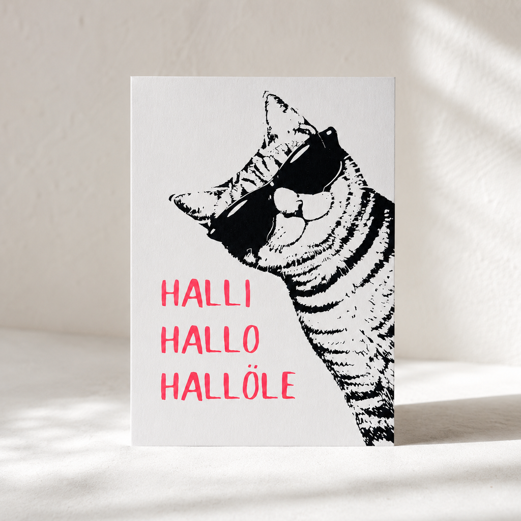 Postkarte „Halli Hallo Hallöle" von DIE SIEBEREI, Siebdruck auf mattem Karton, Rückseite beschreibbar, DIN A6
