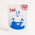 Handgedruckte Postkarte „Paul" im Siebdruck, Weiß und Blau, Schwimmerfigur an der Ems in Telgte, Vorderseite, DIN A6, DIE SIEBEREI
