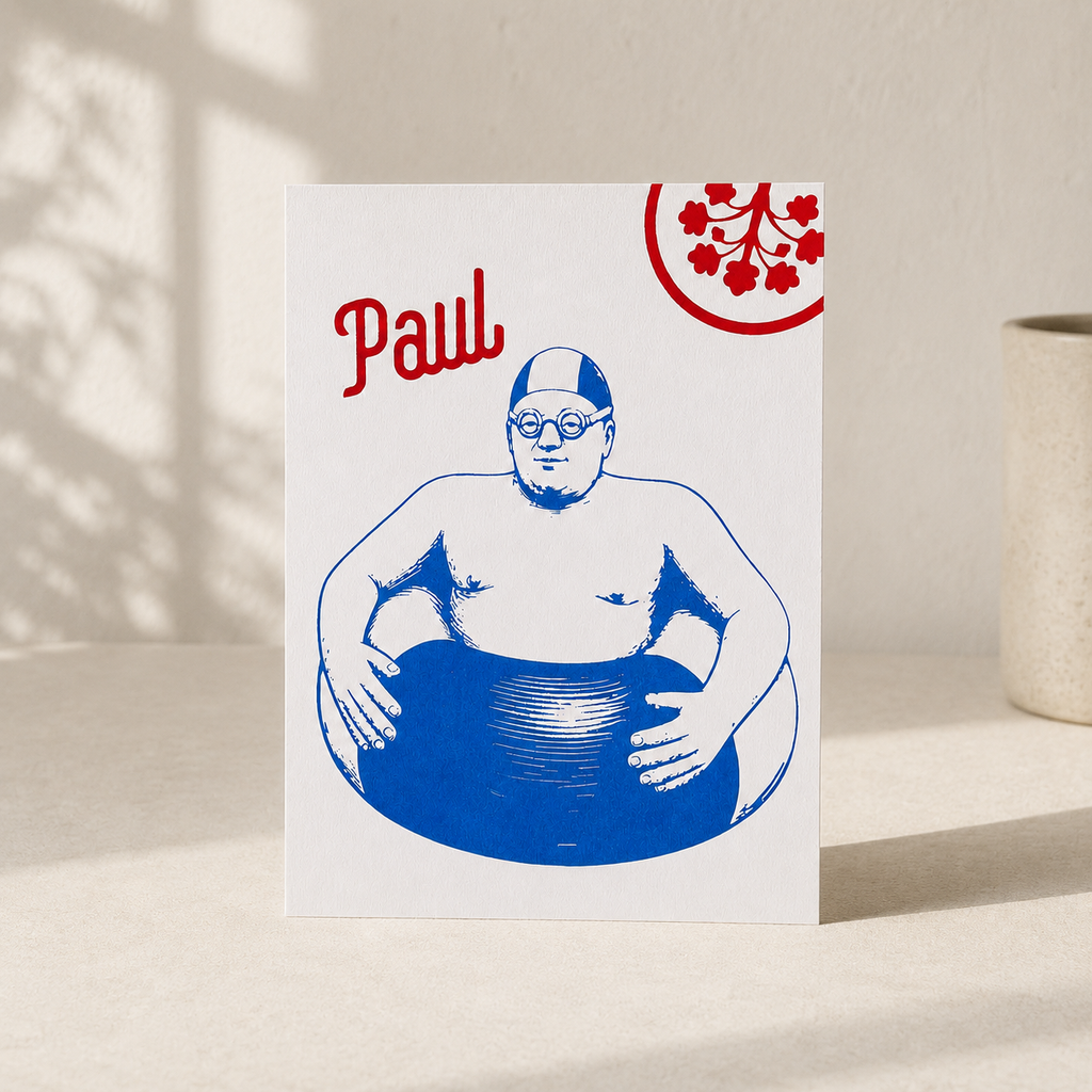 Postkarte „Paul" von DIE SIEBEREI, Siebdruck in Weiß und Blau auf mattem Karton, Rückseite beschreibbar, DIN A6
